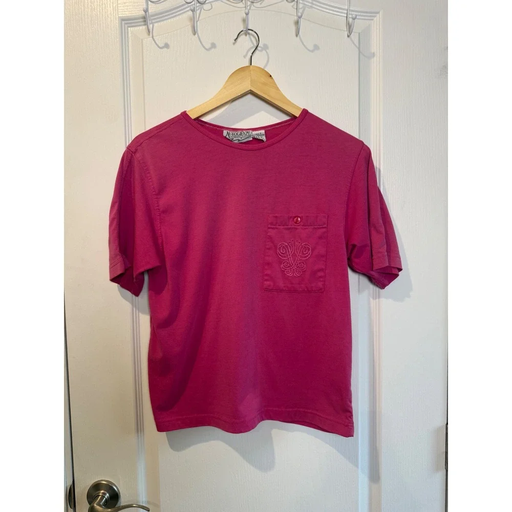 Autograph Pink Pocket Tee Women's Small Embroidered Y2K Cottagecore Top Vintage